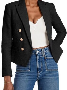 Women's Black Double-Breasted Textured Blazer with Gold Buttons